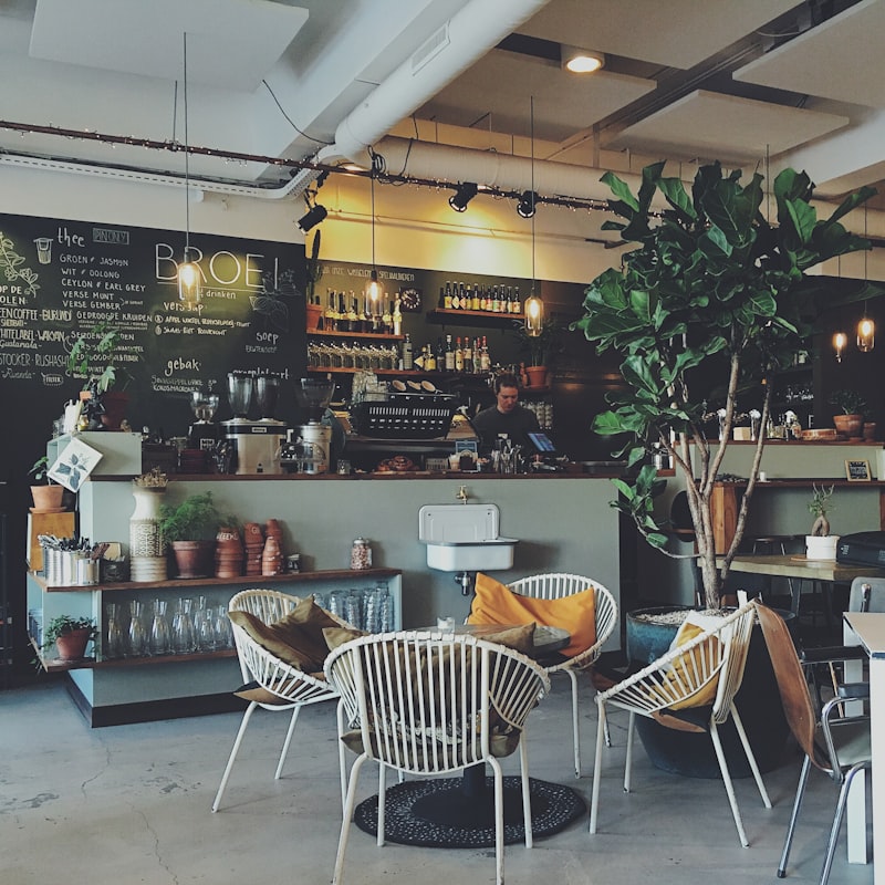 Warm wood-and-plant interior of the Maple & Bean cafe